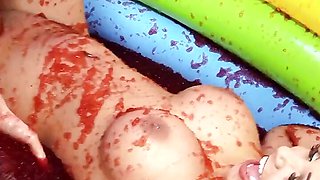 A pool of jello makes the British lesbians with big boobs want to wrestle in it