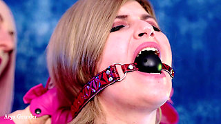 Sensual Gag and Ice Play. Two Hot BDSM Lesbians in Pvc. Fetish Couple Mistress and Girl.