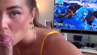 Hot 18yo Brunette teen in bikini sucking on Big dick - POV blowjob