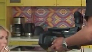 Sexy blondes pussy fucking cock sucking threesome in latex dress