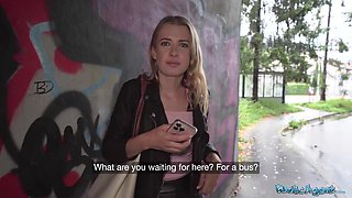 Tiny blonde babe is getting picked up by a horny porn agent.