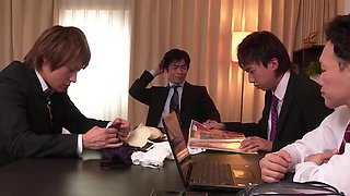 Anju Akane, a smoothly-shaven pussy, office lady, creampies her with two guys in a hotsession, leaving her with a cheeky smile on her face.