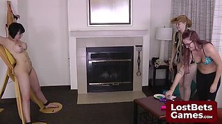 Lesbian Strip Darts Game: Julie vs Sassy - Big Tits Teens Lose Bet & Get Tied Up