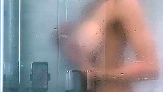 Ebony girl showers her big ass amp masturbating
