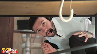Fakehub - busty black manager catches staff hardcore at a call center and adds sperm to her coffee
