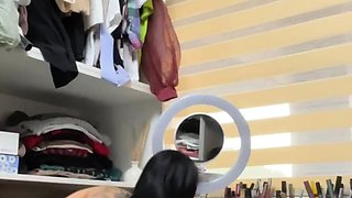 Amateur busty brunette masturbates and does hand job