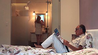 Nympho sucks grandpa cock has sex with him on her bed
