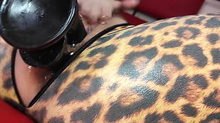 Leopard Catsuit, Latex Corset DP, Squirt