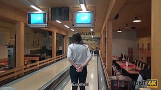 Watch as this guy pleases his cute GF in bowling club while his cuckold watches and gives him cash