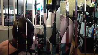 Riding a Dildo in the Leather Arm Binder with Electro CBT Spikes and Piss Funnel Gag