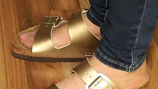 Jeans and Gold Two-strap Sandals - Nylon Feet Tease