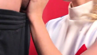 Small titted cheerleader blows and rides big pecker