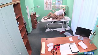 Hot nurse in total uniform tempts her male patient for rampant sexual intercourse - faux medical center