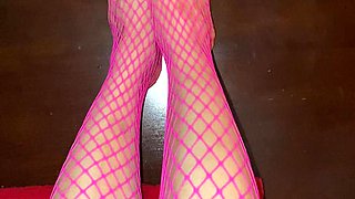 Really Sexy Legs with Tiny Feet with Long Toes in Pink Fishnet Stocking