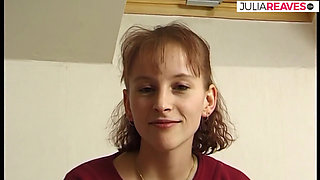 Skinny blonde fucks her pussy with a huge dildo