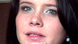 Small titted brunette teen fingering on the bed