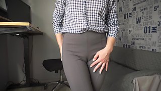Naughty Secretary Seduces You with Her Cameltoe in Tight Trousers