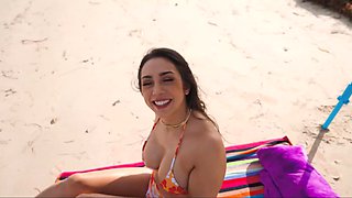 Curvy brunette Lilly Hall is kinky enough to rock the cock in the beach