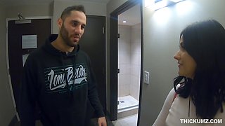 Dude with massive cock fucks naughty chick Violet Rain in the bathroom