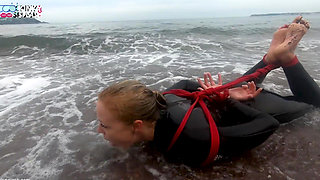 Hogtied in a Wetsuit - Rope Bondage Escape Challenge on the Beach
