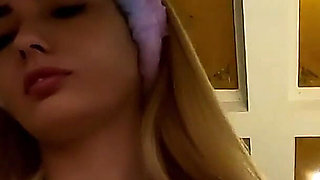 Hot Blonde College Cheerleader at Home in Shortest Short Mini Skirt to Take Panties off and Flash Her Pussy