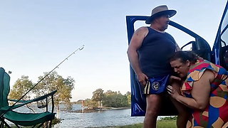 BBW MILF  blows him by the river