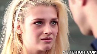 Diminutive Aubrey Gold smoking rod and vagina stuffed