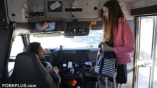 Myra Glasford and Tiny Red Head Schoolgirl go wild on a big dicked bus driver