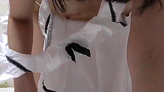 Girls Only Apartment in Japan, a Room Where Maid Is Cleaning the Room Without a Bra, Wearing Thong G-string Panties and Socks