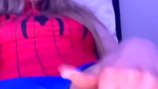 Solo spider-girl rubs her clit and uses her toys