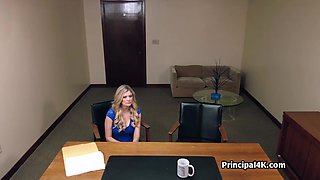 Suburban mommy in blue dress suck the head teacher