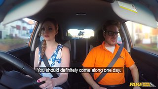 Bushy big titty brunette gives head and clit to driving instructor