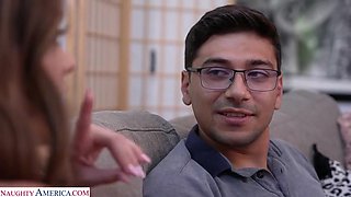 All natural babe Katie Kush gives friend's man a lap dance before taking his cock on the couch