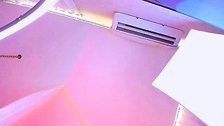 Small titted brunette Sharron with glasses masturbates