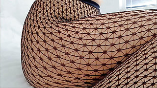 Busty Girl Fucks Hairy Pussy in Fishnet Tights