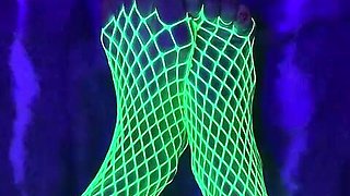 Tiny Asian Feet with Long Toes in Green Neon Fishnet