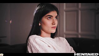 Cute girl Stefany Kyler gets turned on watching hentai and goes wild solo before monster cock action
