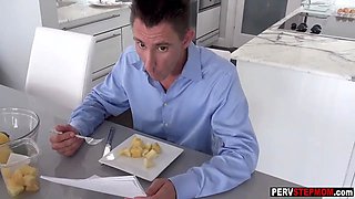 Blonde MILF stepmom sucks a stepsons dick in front of a stepdad