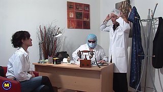Horny chick Joyce Mifle gets drilled by two doctors in the office
