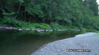 Sucked by exciting stranger by the river in nature