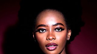Petite ebony babe strips nude in bathtub