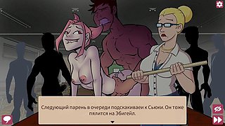 Hot teacher Abigail shows her pink-haired virgin student how to handle a gang bang in class