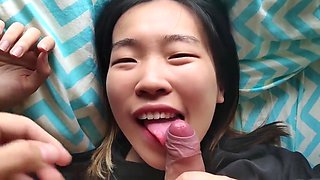 Cute asian babe sucks her BF's white cock and takes a facial POV