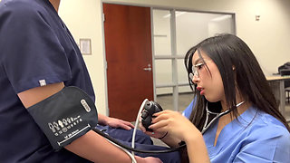 Petite asian nurse pounds on patient's hard dick