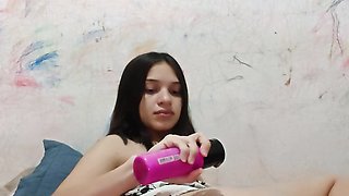Mature Latina masturbating her pussy with a pot of cream