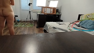 Sexy Wife Workout at Home Naked. Sexy Brunette Tries on Pantyhose