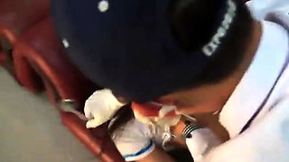 Horny Japanese teen in school uniform sucks cock