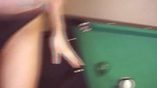 Brunette German doll sucks dick by the pool table