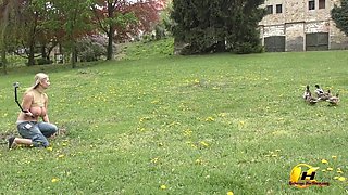 Walking with Milking Boobs Babe in Park