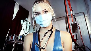 Femdom fetish blonde makes cuckold lick cumshot